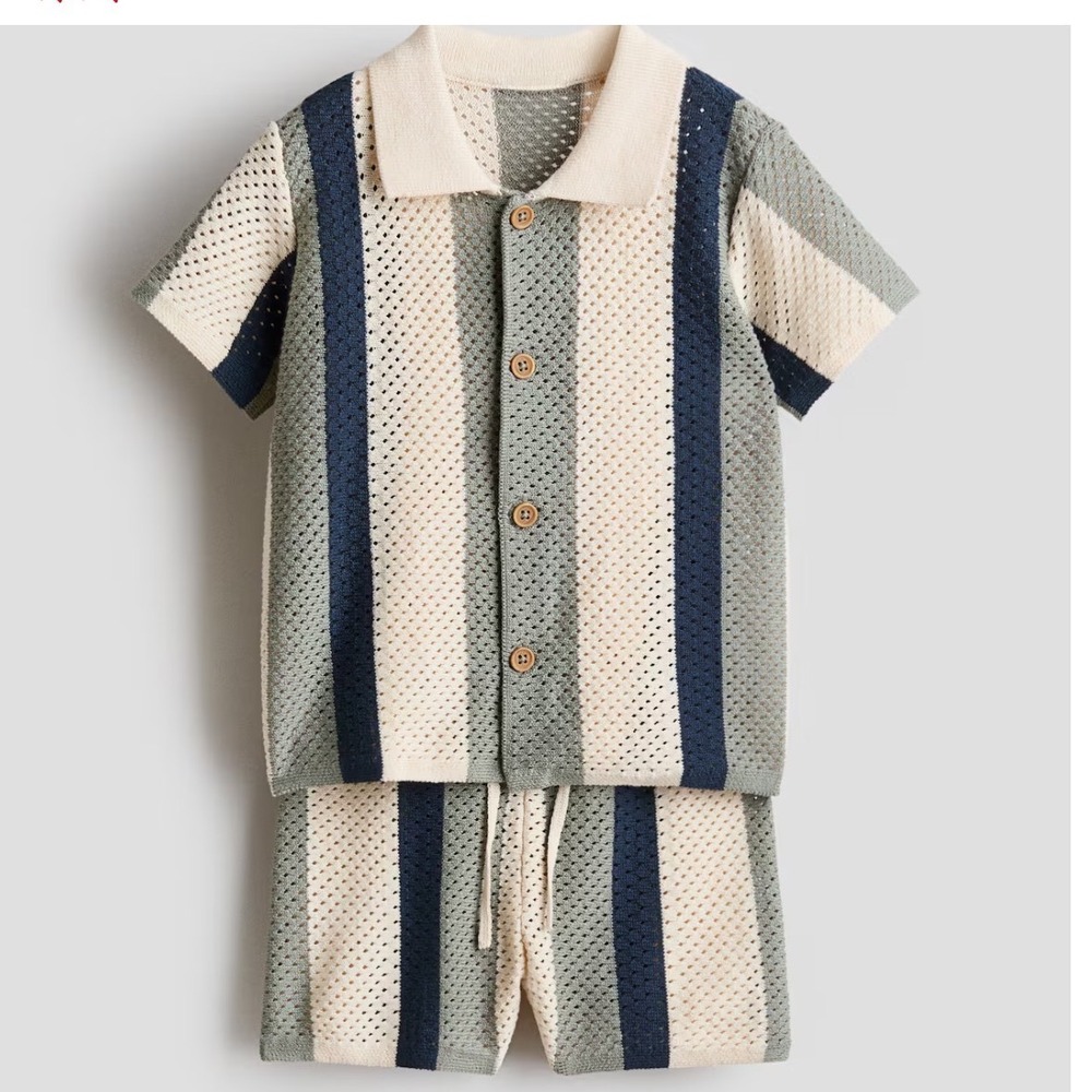 HM Kids 2T Striped Pointelle Knit Polo Shirt and Shorts Set Cream Grey Navy 0187